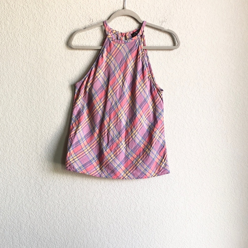 J Crew Amber Linen Top Sunset Plaid Small High Neck